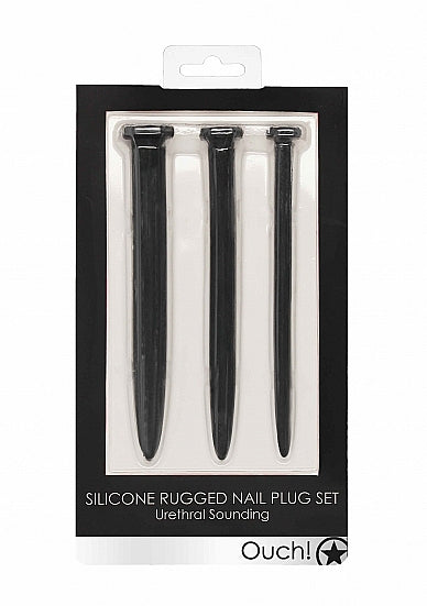 Ouch Silicone Rugged Nail Plug Set Urethral Sounding Black in a packaging displaying three black silicone plugs.