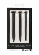Ouch Silicone Rugged Nail Plug Set Urethral Sounding Black in a packaging displaying three black silicone plugs.