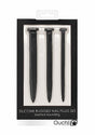 Ouch Silicone Rugged Nail Plug Set Urethral Sounding Black in a packaging displaying three black silicone plugs.