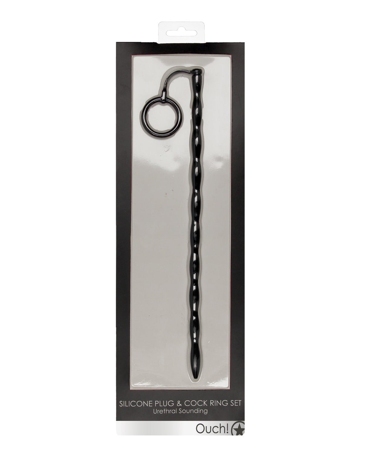 Ouch Urethral Sounding Silicone Plug & Cock Ring Black in packaging showing dual-purpose design for stimulation.