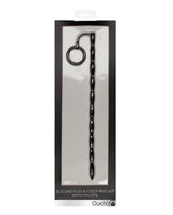 Ouch Urethral Sounding Silicone Plug & Cock Ring Black in packaging showing dual-purpose design for stimulation.