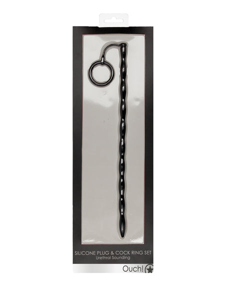 Ouch Urethral Sounding Silicone Plug & Cock Ring Black in packaging showing dual-purpose design for stimulation.