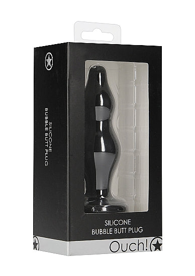 Ouch Silicone Bubble Butt Plug Black in stylish packaging showcasing the toy's unique design and features.