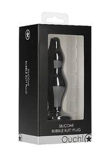 Ouch Silicone Bubble Butt Plug Black in stylish packaging showcasing the toy's unique design and features.