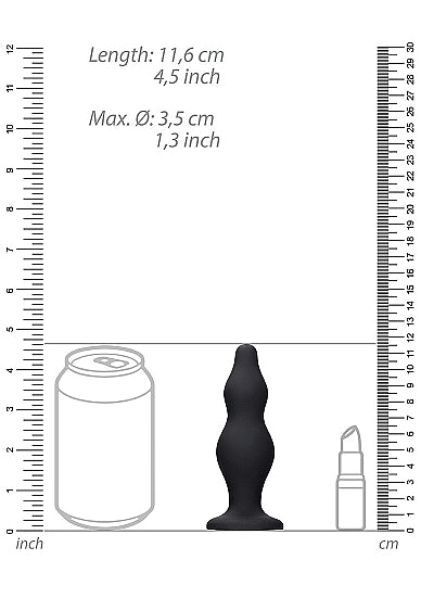 Ouch Silicone Bubble Butt Plug Black next to a can and lipstick for size comparison, showing dimensions.