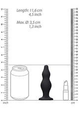 Ouch Silicone Bubble Butt Plug Black next to a can and lipstick for size comparison, showing dimensions.