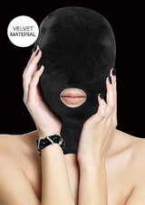 Velvet & Velcro Mask with Mouth Opening Black displayed on a model, emphasizing its soft velvet material.