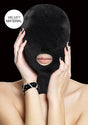 Velvet & Velcro Mask with Mouth Opening Black displayed on a model, emphasizing its soft velvet material.
