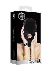 Packaging for Velvet & Velcro Mask with Mouth Opening Black, featuring a model holding the mask and showcasing its design.