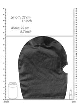 Velvet & Velcro Mask with Mouth Opening Black dimensions with length and width marked for sizing