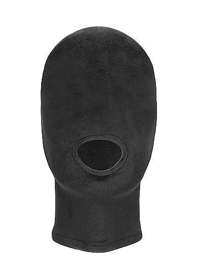 Velvet & Velcro Mask with Mouth Opening Black, soft fetish hood for sensory play, limits sight and speech.