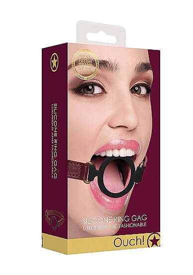 Ouch Halo Silicone Ring Gag Burgundy packaging featuring a model demonstrating its stylish design and function.