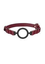 Ouch Halo Silicone Ring Gag Burgundy with faux-leather look and black silicone ring design.