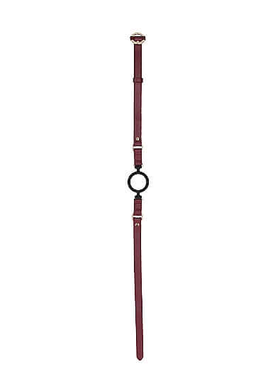Ouch Halo Silicone Ring Gag Burgundy with burgundy faux-leather look and golden-toned metal accents.