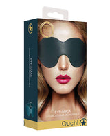 Shots Ouch Halo Leather Eyemask Blindfold Green packaging showcasing a luxurious and fashionable eye mask design.