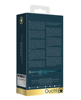 Shots Ouch Halo Leather Eyemask Blindfold Green packaging back view with safety instructions and product details.