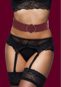 Ouch Halo Faux Leather Waist Belt L/XL Burgundy styled with black lace lingerie on a model.