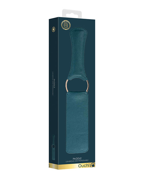 Shots Ouch Halo PU Leather Paddle Green packaging with luxurious design and gold accents.