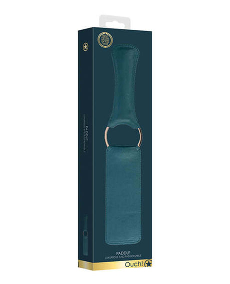 Shots Ouch Halo PU Leather Paddle Green packaging with luxurious design and gold accents.