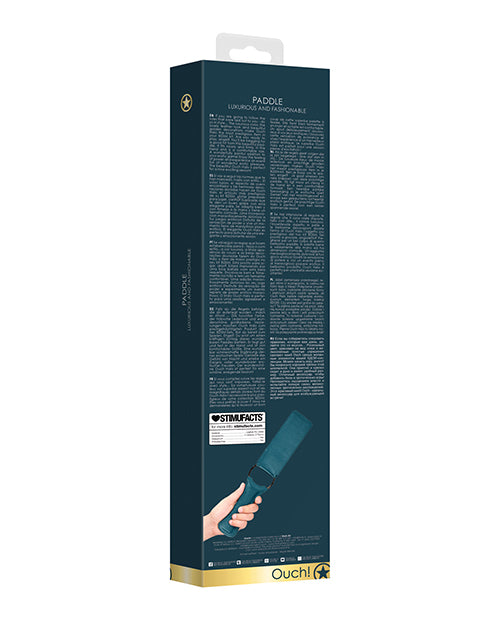 Shots Ouch Halo PU Leather Paddle Green packaging with product details and instructions.