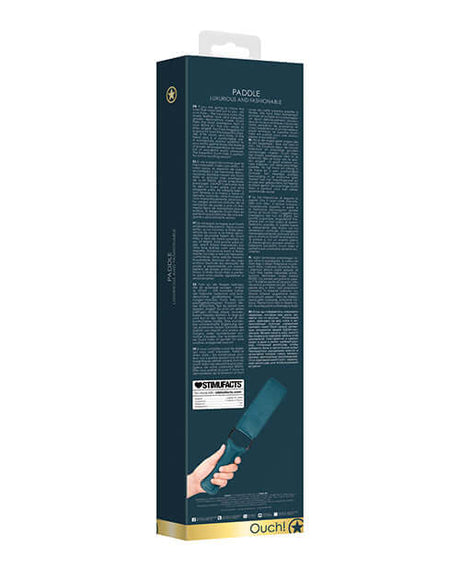 Shots Ouch Halo PU Leather Paddle Green packaging with product details and instructions.
