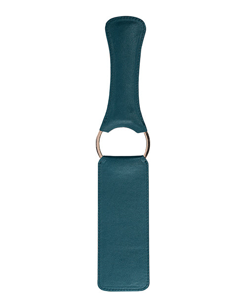 Shots Ouch Halo PU Leather Paddle Green with smooth surface and golden accents for BDSM impact play.