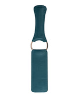 Shots Ouch Halo PU Leather Paddle Green with smooth surface and golden accents for BDSM impact play.