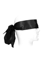 Ouch Black & White Bondage Silky Ribbon tied around a mannequin head, perfect for sensory play or bondage.