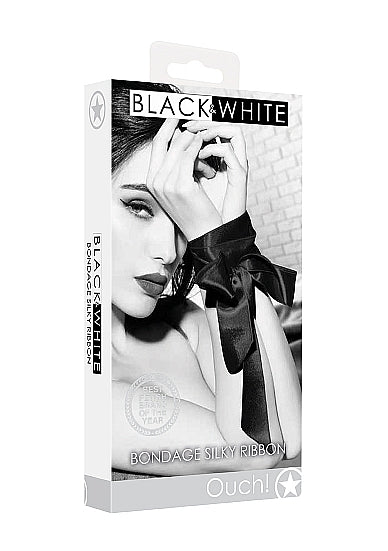 Ouch Black & White Bondage Silky Ribbon packaging with sleek design featuring a model and elegant ties.