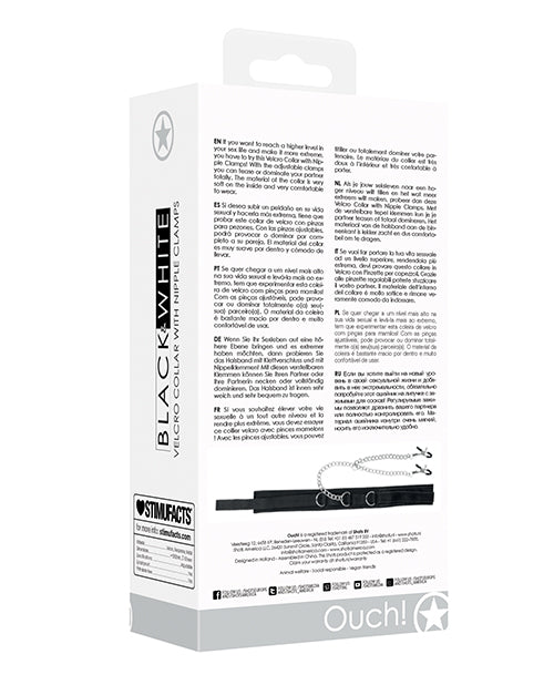 Shots Ouch Black & White Velcro Collar with Nipple Clamps packaging with detailed product information.