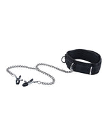 Shots Ouch Black & White Velcro Collar with Nipple Clamps, featuring adjustable nipple clamps and chain attachment.