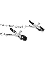 Shots Ouch Black & White Velcro Collar with Nipple Clamps showing adjustable nipple clamps and chain.