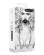 Ouch Breathable Ball Gag with Nipple Clamps Black packaging featuring a model with nipple clamps and a ball gag.