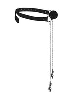 Ouch Breathable Ball Gag with Nipple Clamps Black featuring a leather strap and adjustable nipple clamps.