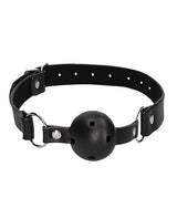 Ouch Breathable Ball Gag with Nipple Clamps Black features a black leather strap and a breathable ball gag design.