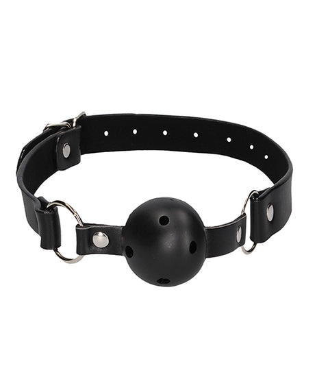 Ouch Breathable Ball Gag with Nipple Clamps Black features a black leather strap and a breathable ball gag design.