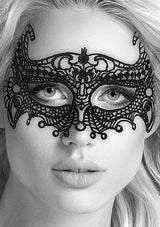 Ouch Black Lace Eye Mask Empress One Size worn by a model, showcasing intricate Venetian-inspired lace design.