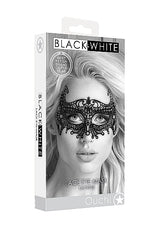Ouch Black Lace Eye Mask Empress One Size in black and white packaging with a model wearing the mask.