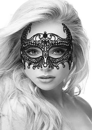 Ouch Black Lace Eye Mask Empress One Size worn by a model, highlighting its intricate Venetian-inspired design.
