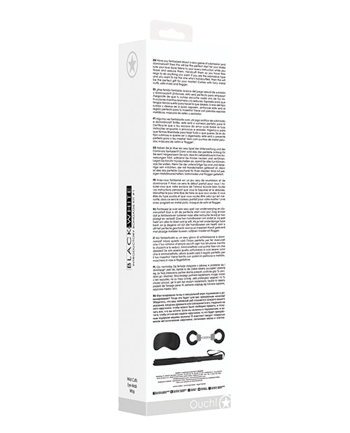 Ouch Black & White Introductory Bondage Kit Black packaging displaying detailed product information and accessories.