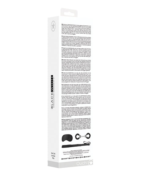 Ouch Black & White Introductory Bondage Kit Black packaging displaying detailed product information and accessories.