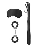 Ouch Black & White Introductory Bondage Kit Black featuring a mask, handcuffs, and a whip.