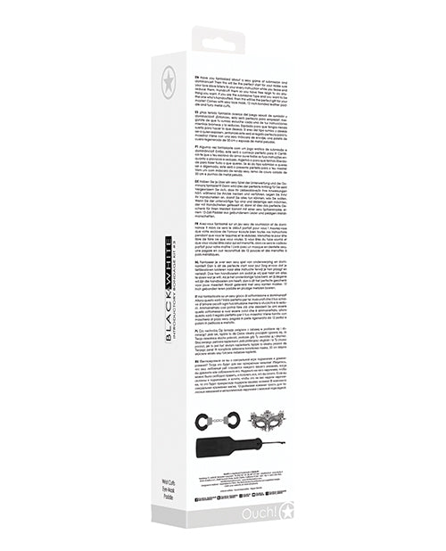 Ouch Black & White Introductory Bondage Kit 3 Black packaging side view with detailed product information.
