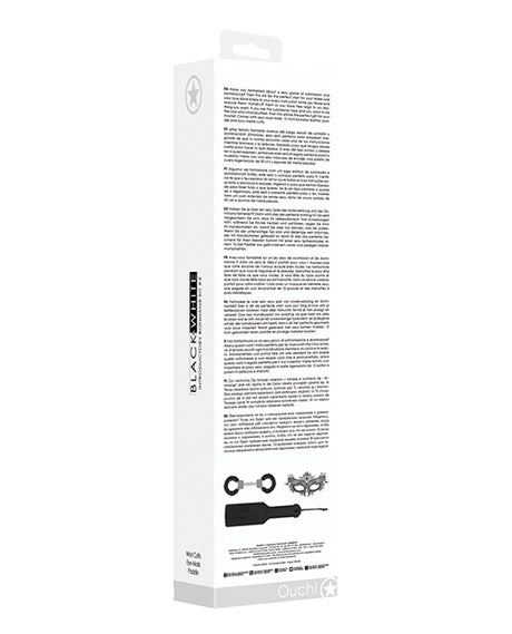 Ouch Black & White Introductory Bondage Kit 3 Black packaging side view with detailed product information.