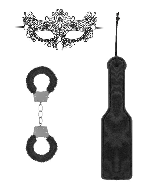 Ouch Black & White Introductory Bondage Kit 3 Black includes lace mask, furry handcuffs, and a paddle.