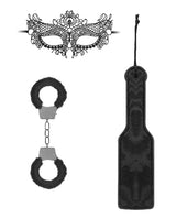 Ouch Black & White Introductory Bondage Kit 3 Black includes lace mask, furry handcuffs, and a paddle.