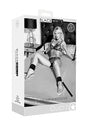 Ouch Black & White Bed Post Bindings Restraint Kit packaging featuring bondage accessories for couples.