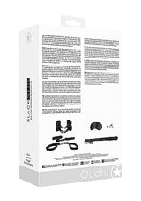 Ouch Black & White Bed Post Bindings Restraint Kit packaging featuring bondage accessories and instructions.