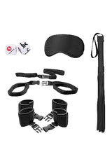 Ouch Black & White Bed Post Bindings Restraint Kit includes cuffs, blindfold, dice, and flogger for bondage play.