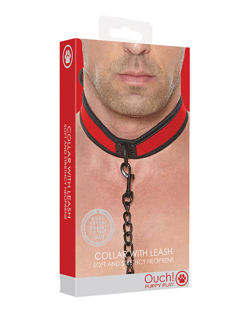 Shots Ouch Puppy Play Neoprene Collar with Leash Red in packaging featuring soft and stretchy design for pet-play.